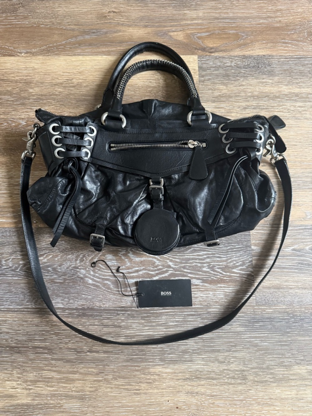 Hugo Boss Chantal Black Leather Slouchy Shoulder Bag Crossbody Y2K Moto